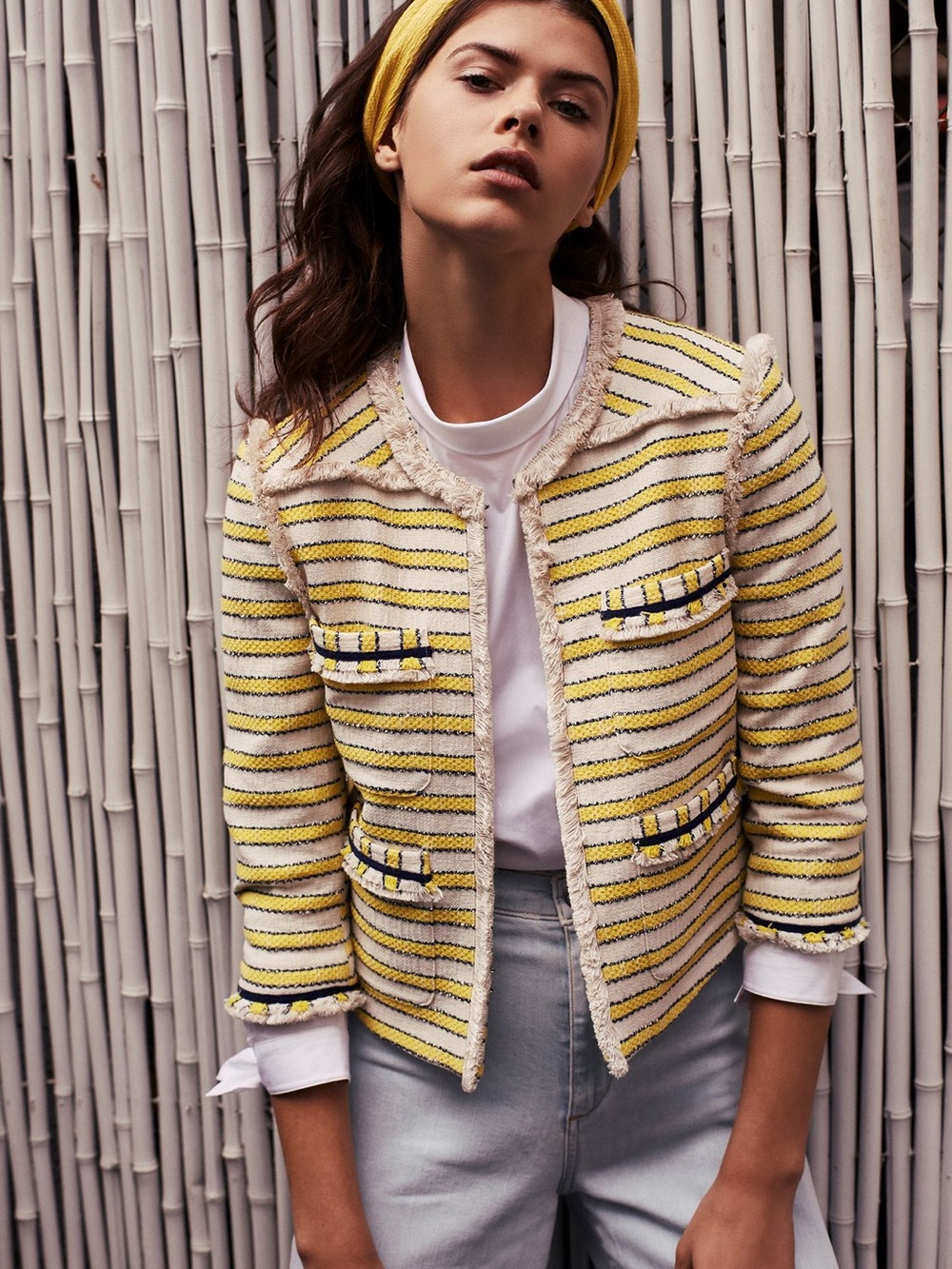 Veronica Beard Yellow Striped Tweed Fringe Jacket Size 0
